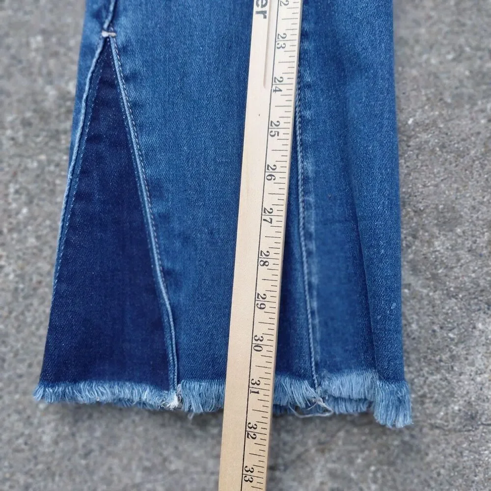 KanCan Bell Bottom Jeans Womens 30 Blue Denim Back Seam Split Hem Frayed